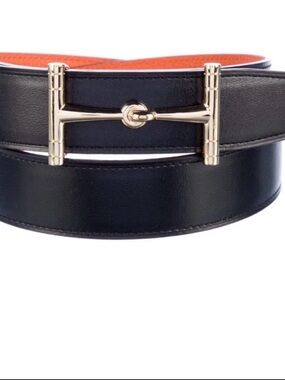 Hermes H Hippique Black/Orange Belt Kit Gold Buckle in Dustbag Box 32mm